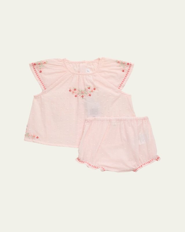 Girl's Floral Embroidered Swiss Dot Set, Size 3M-
